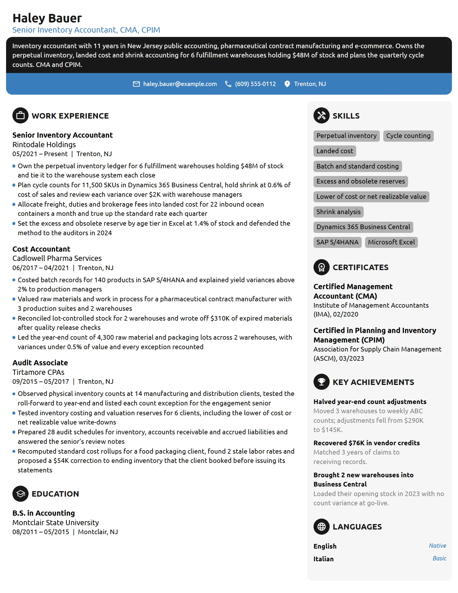 Senior Inventory Accountant resume example