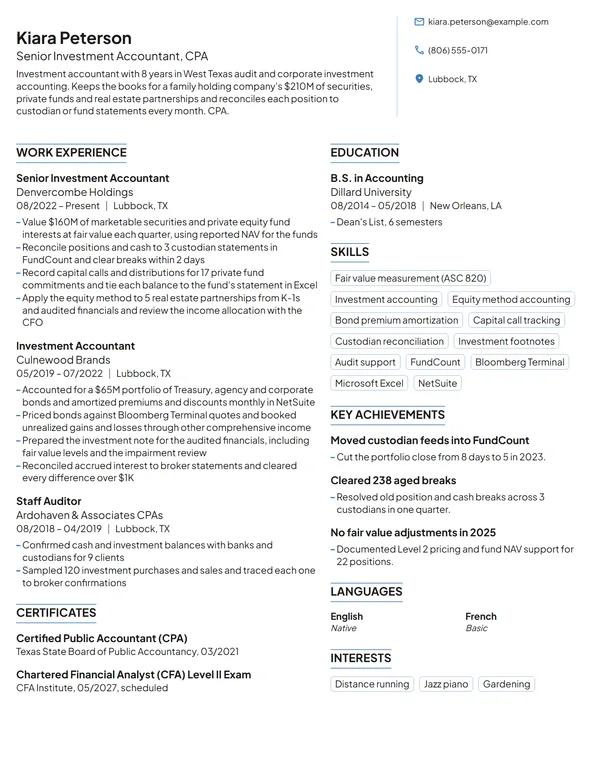 Senior Investment Accountant resume example