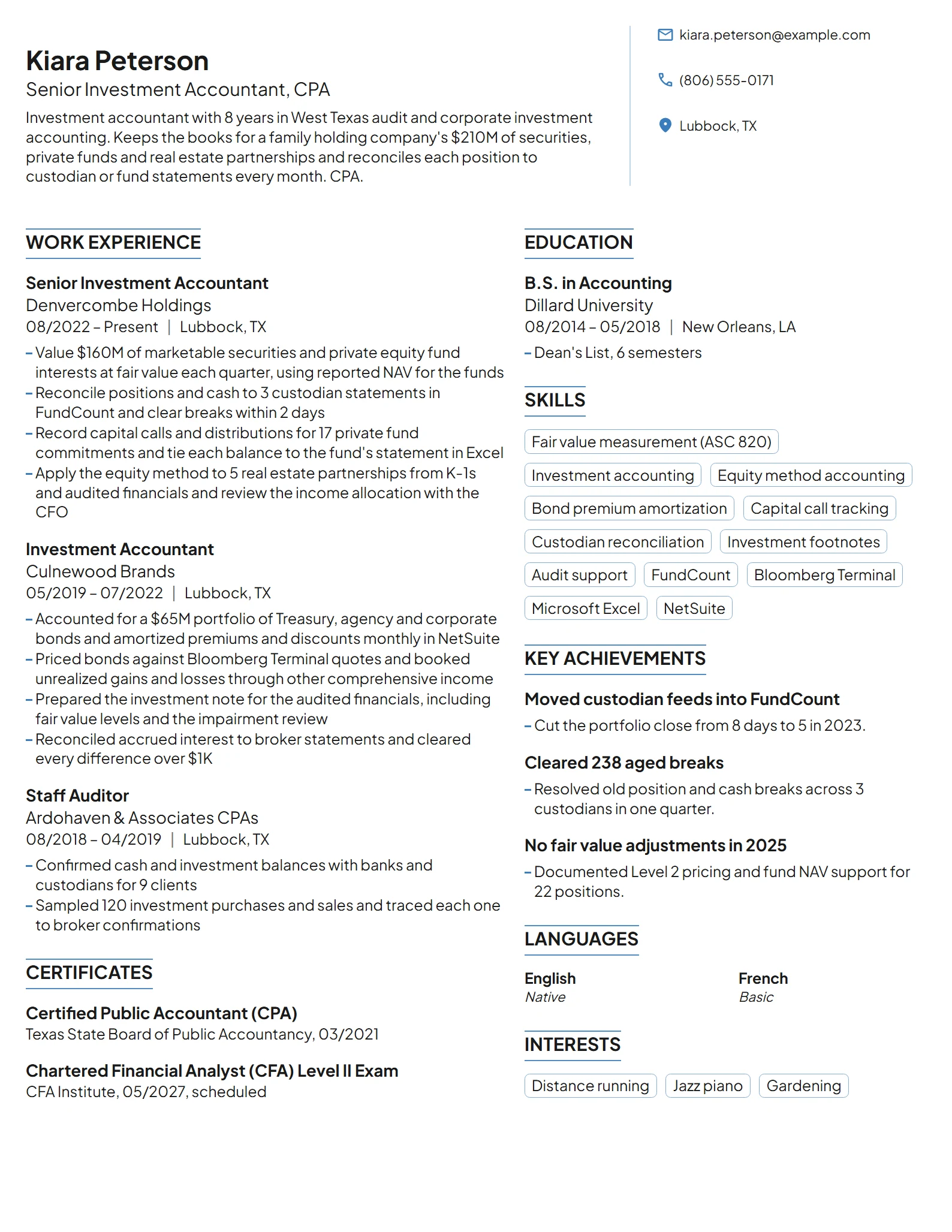 Senior Investment Accountant resume example