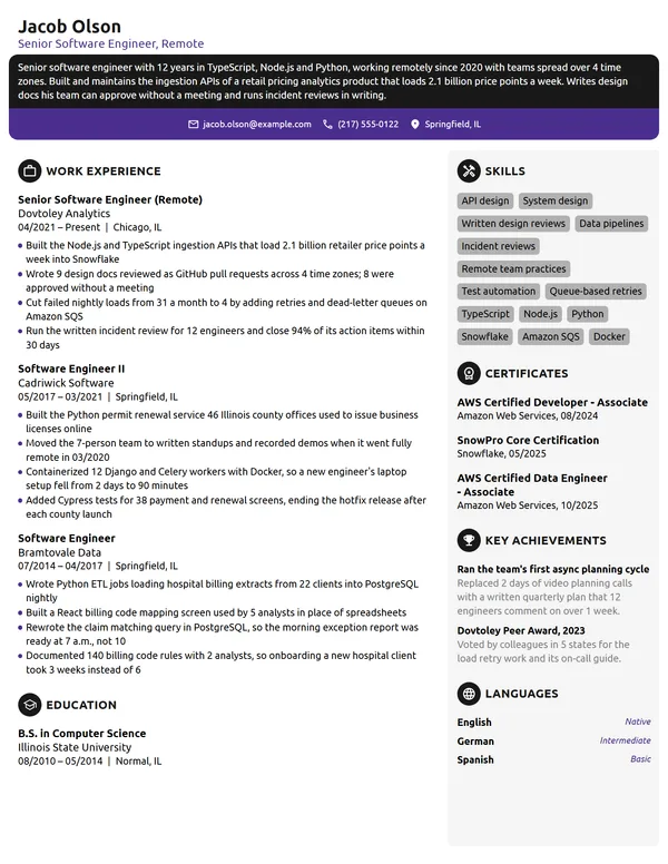 Remote Senior Software Engineer resume example