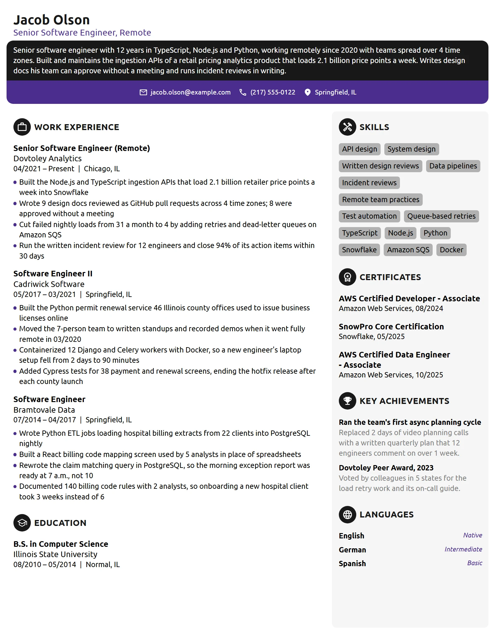 Remote Senior Software Engineer resume example