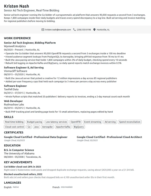 Senior Ad Tech Engineer resume example