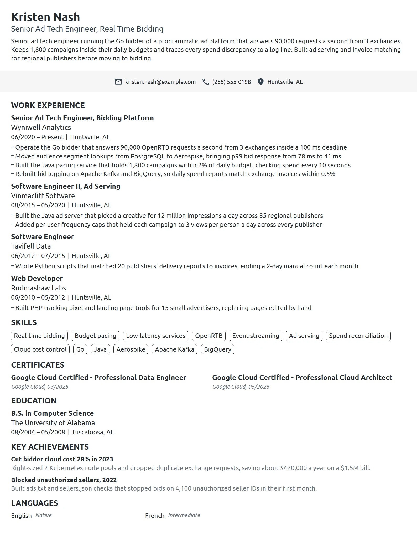 Senior Ad Tech Engineer resume example