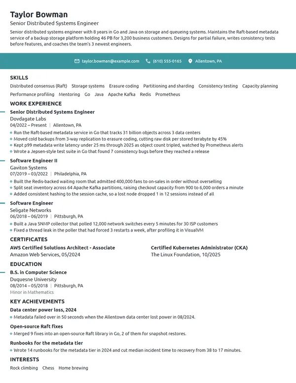 Senior Distributed Systems Engineer resume example