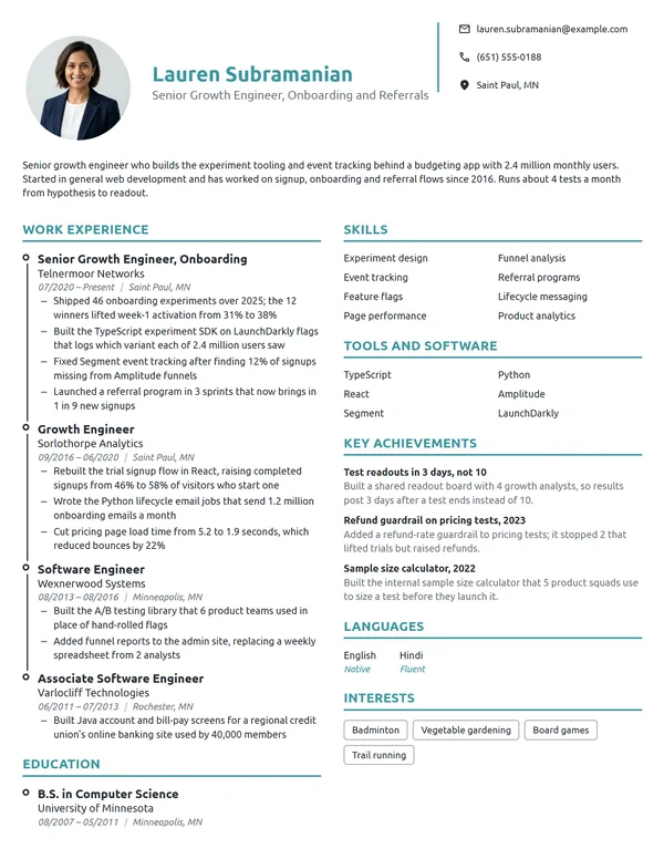 Senior Growth Engineer resume example