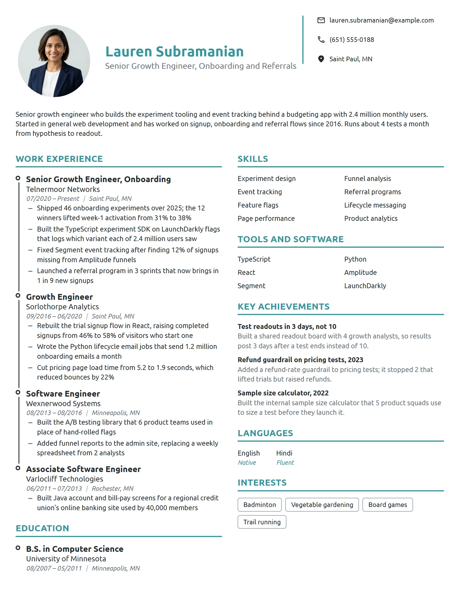Senior Growth Engineer resume example