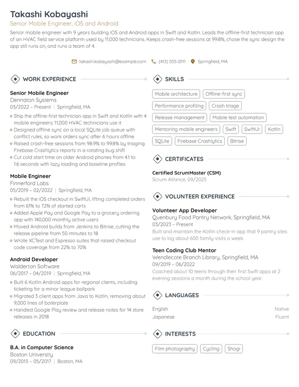 Senior Mobile Engineer resume example