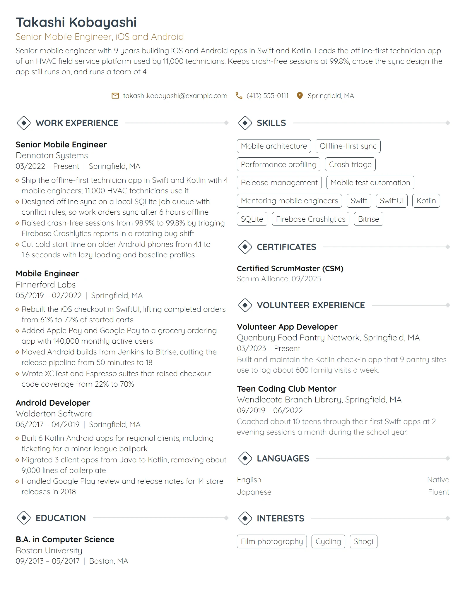 Senior Mobile Engineer resume example