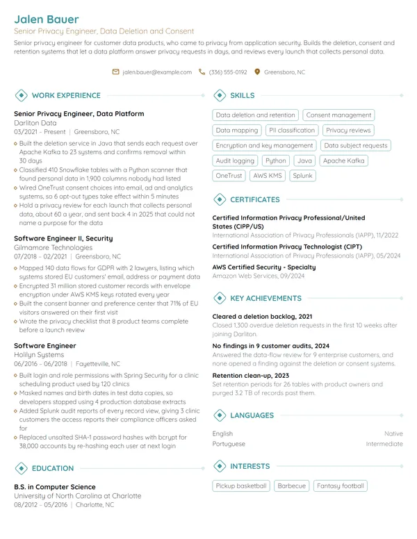 Senior Privacy Engineer resume example