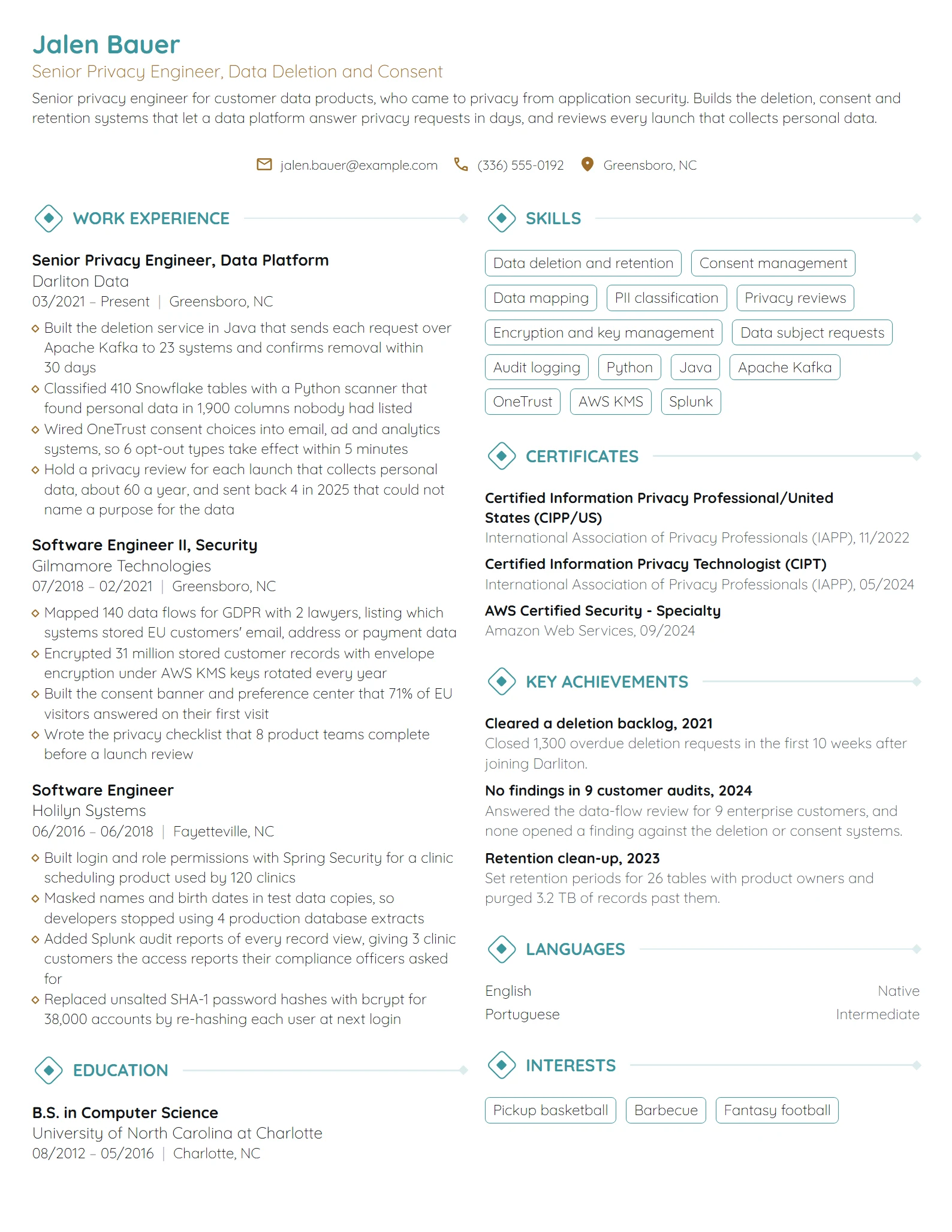 Senior Privacy Engineer resume example