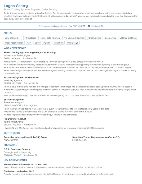 Senior Trading Systems Engineer resume example