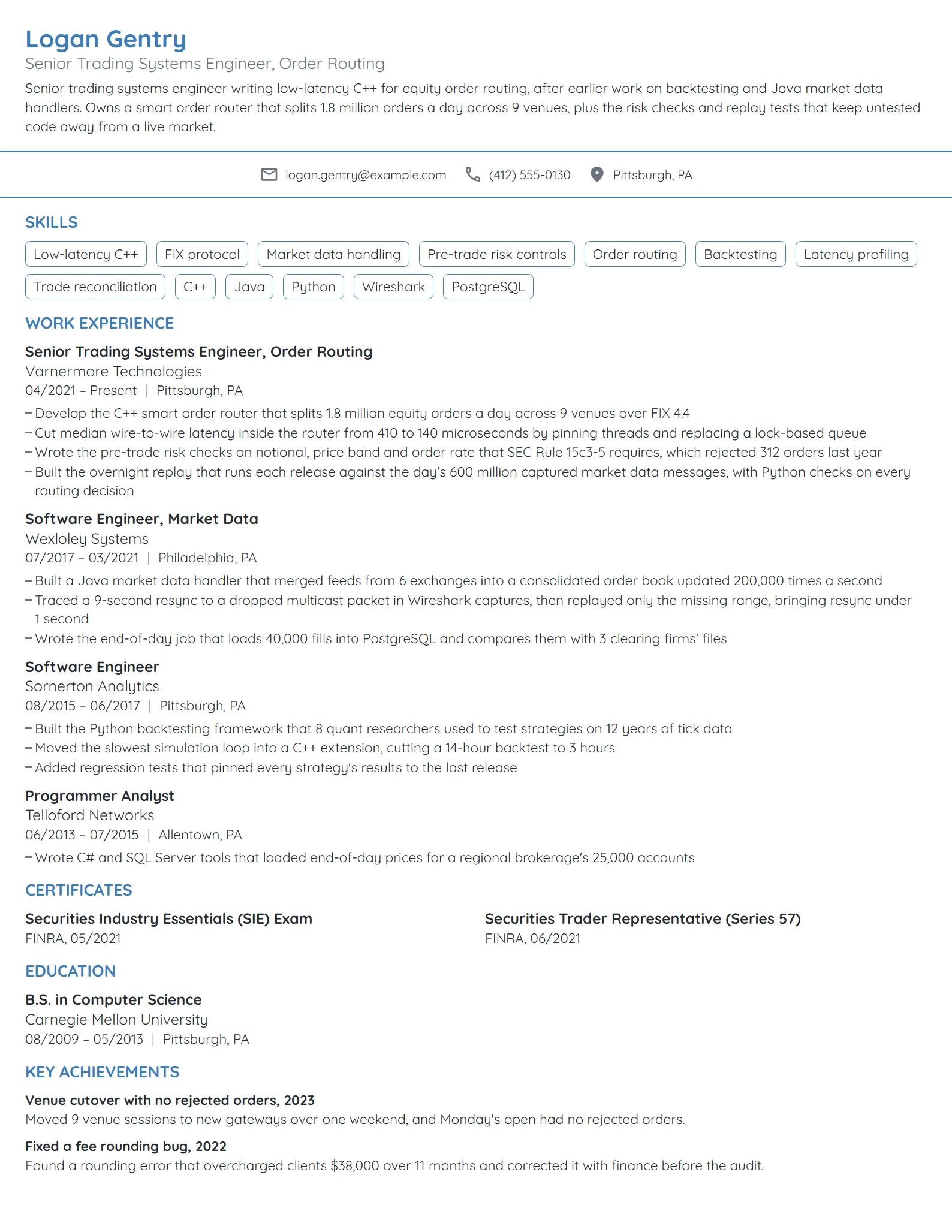 Senior Trading Systems Engineer resume example