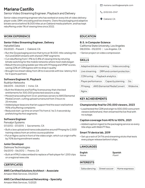 Senior Video Streaming Engineer resume example