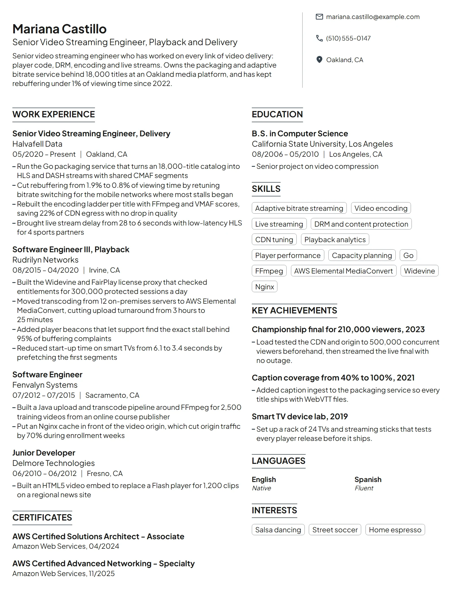 Senior Video Streaming Engineer resume example