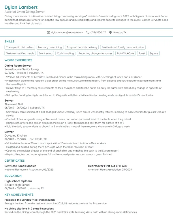 Assisted Living Server resume example