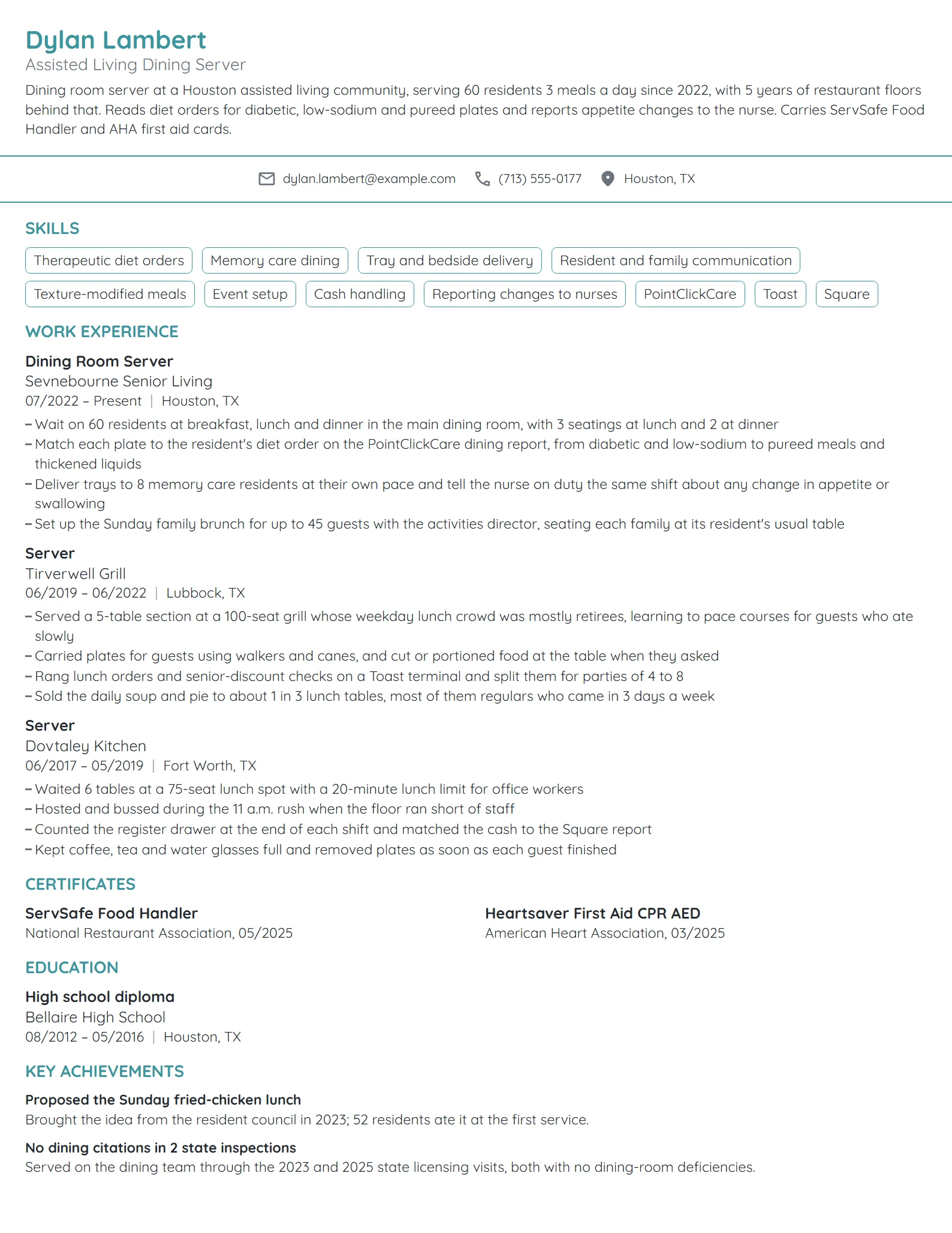 Assisted Living Server resume example