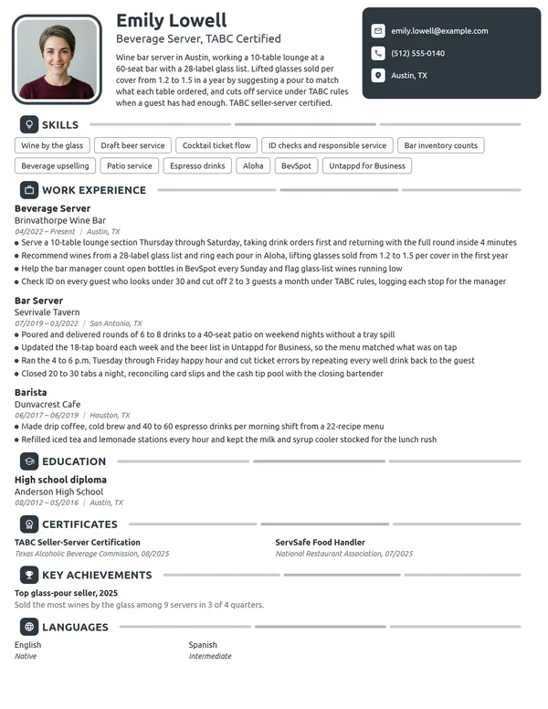 Beverage Server resume example