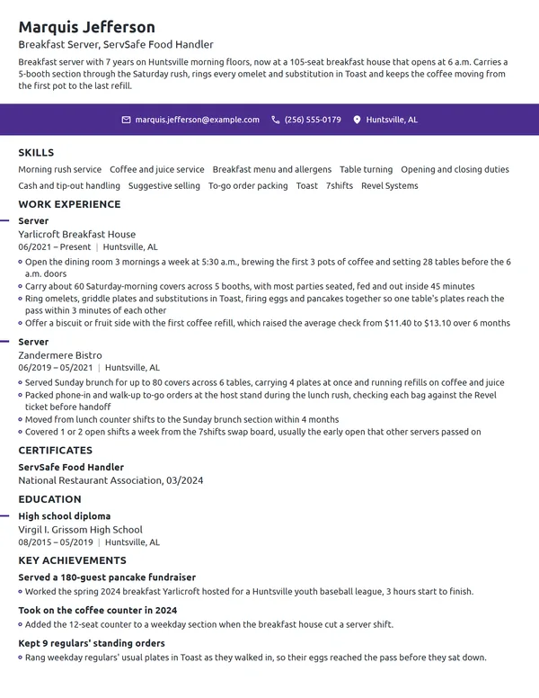 Breakfast Server resume example