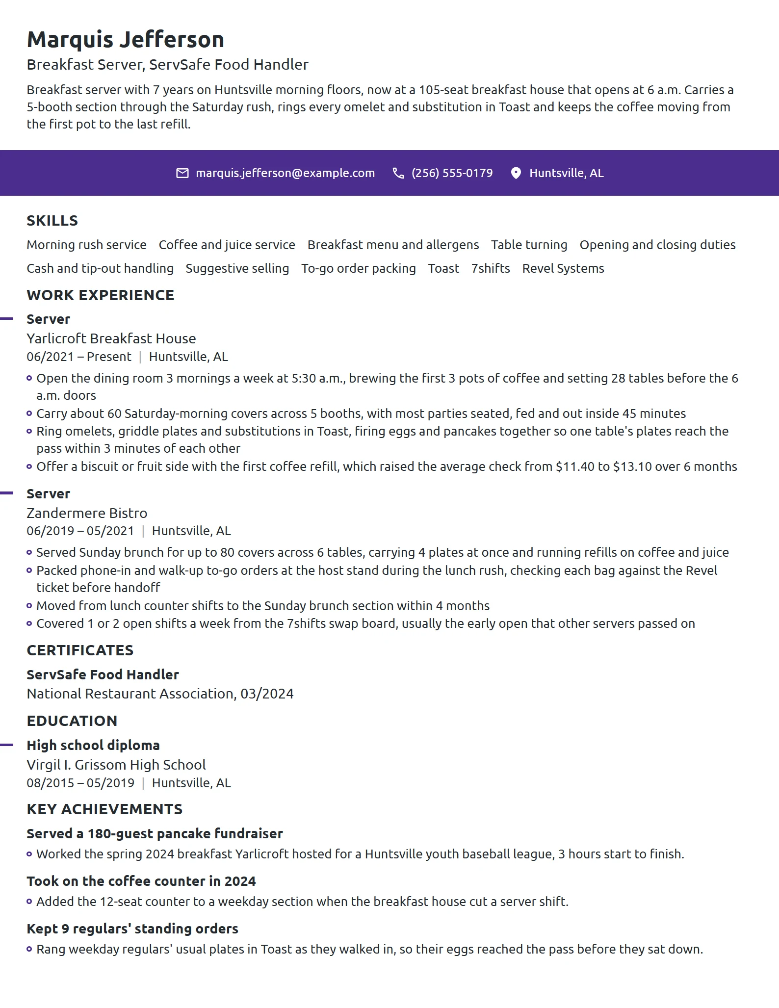 Breakfast Server resume example