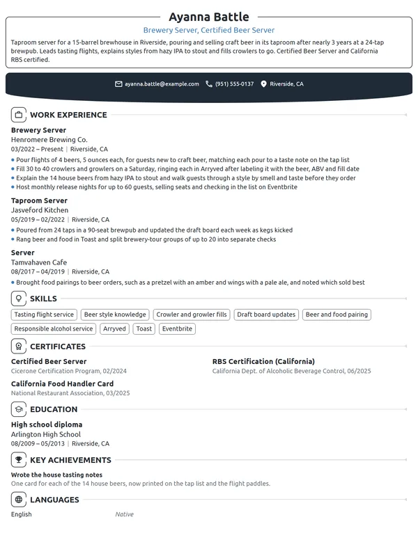 Brewery Server resume example