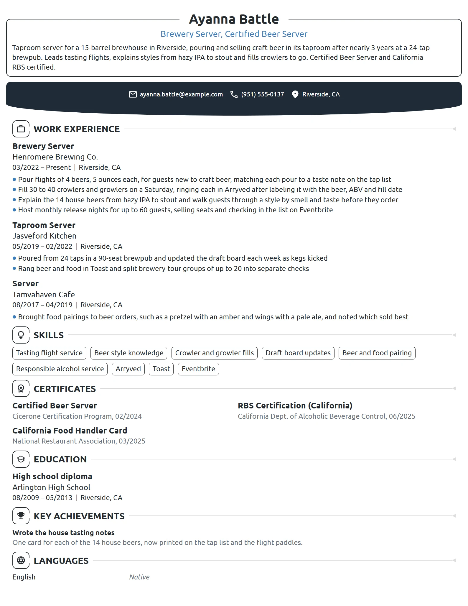 Brewery Server resume example