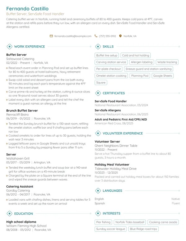 Buffet Server resume example