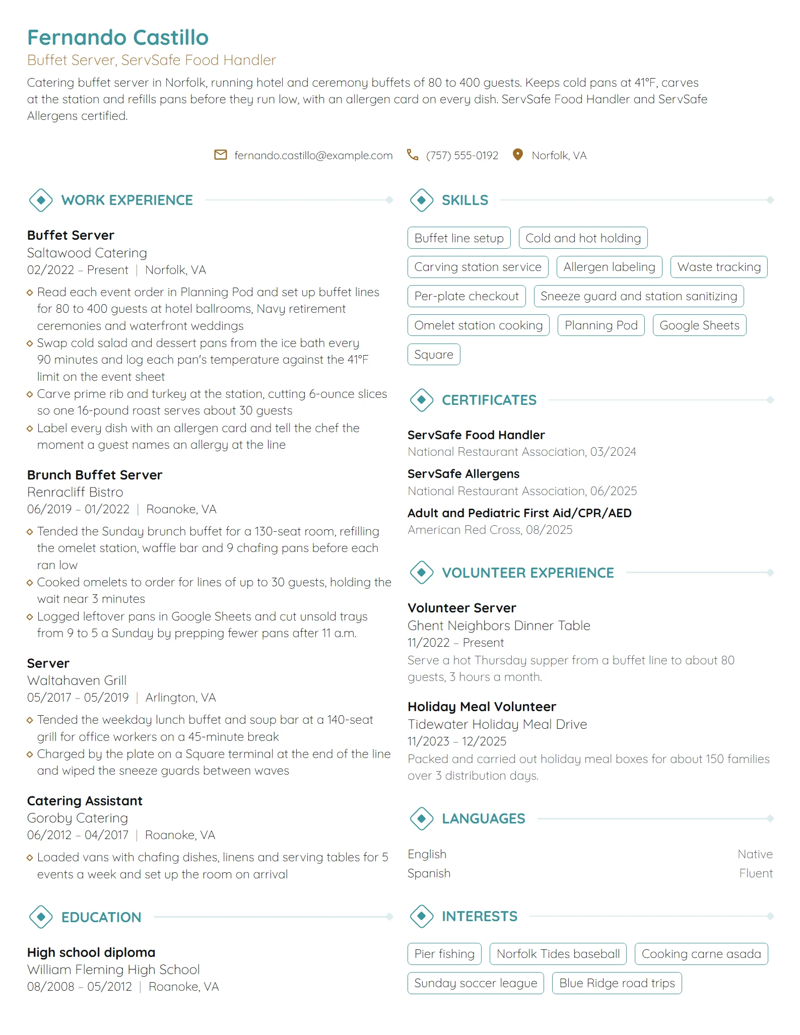 Buffet Server resume example