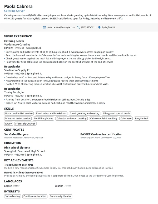 Career Change Server resume example