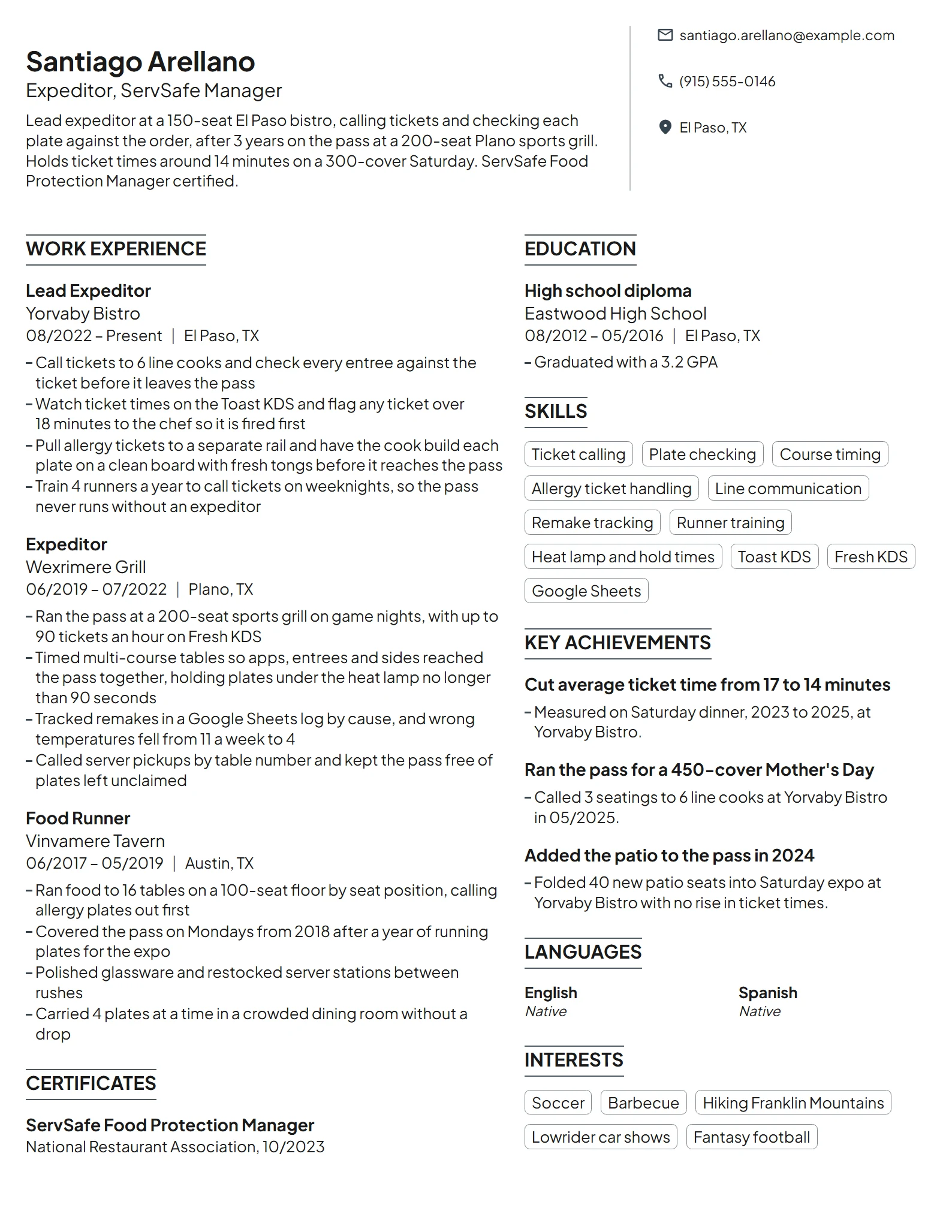 Expeditor resume example