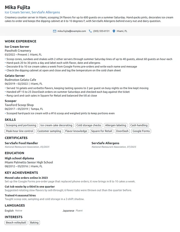 Ice Cream Server resume example