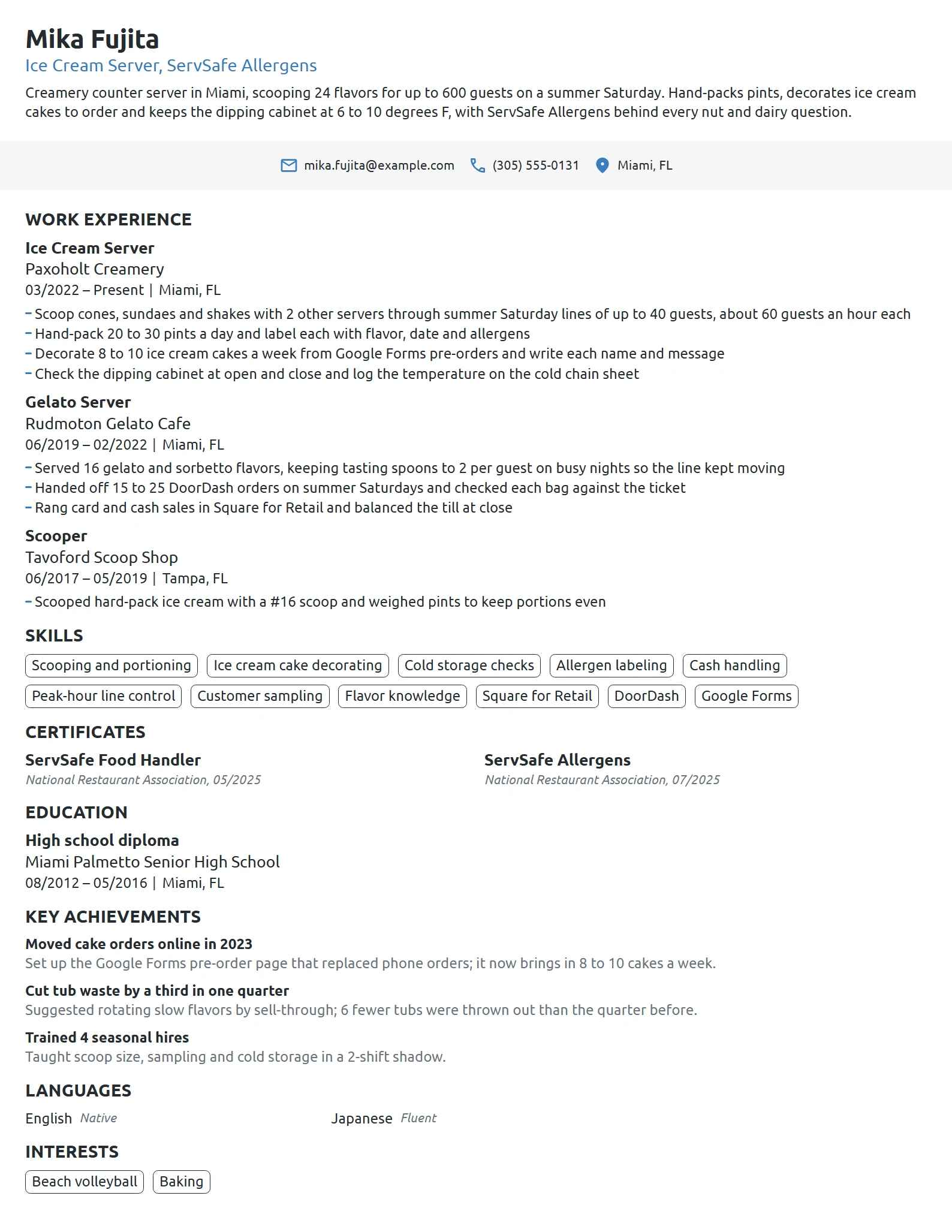 Ice Cream Server resume example