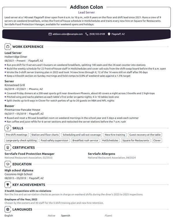 Lead Server resume example