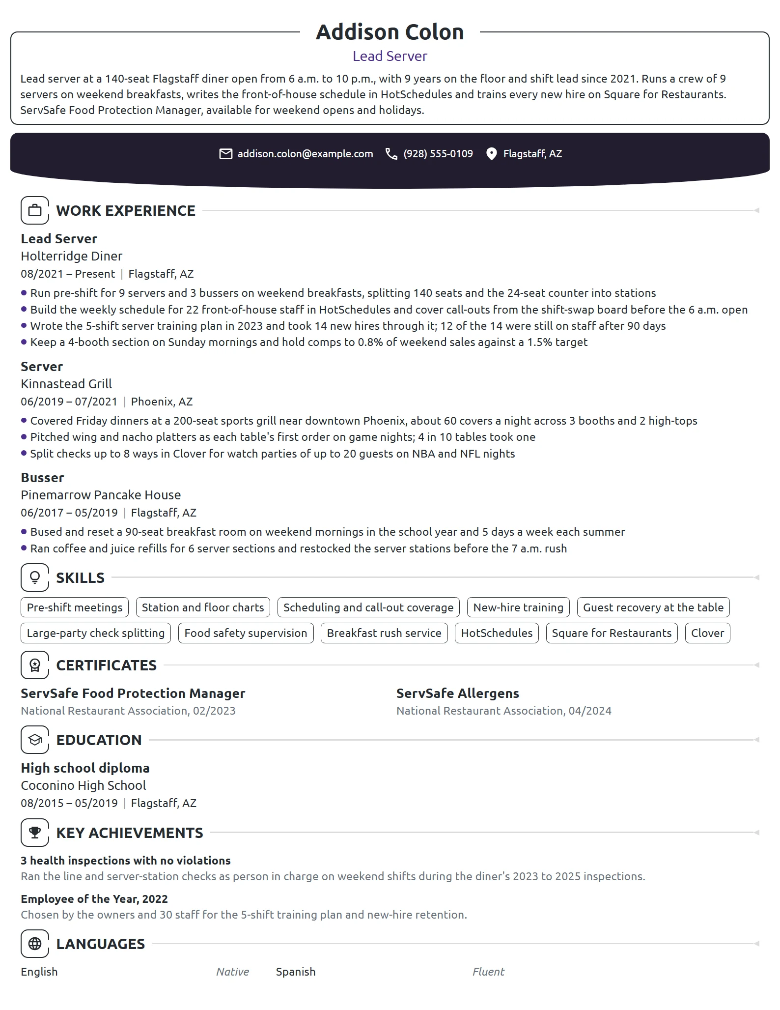 Lead Server resume example
