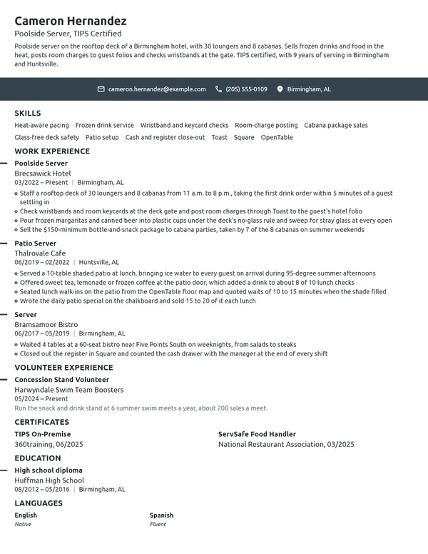 Poolside Server resume example