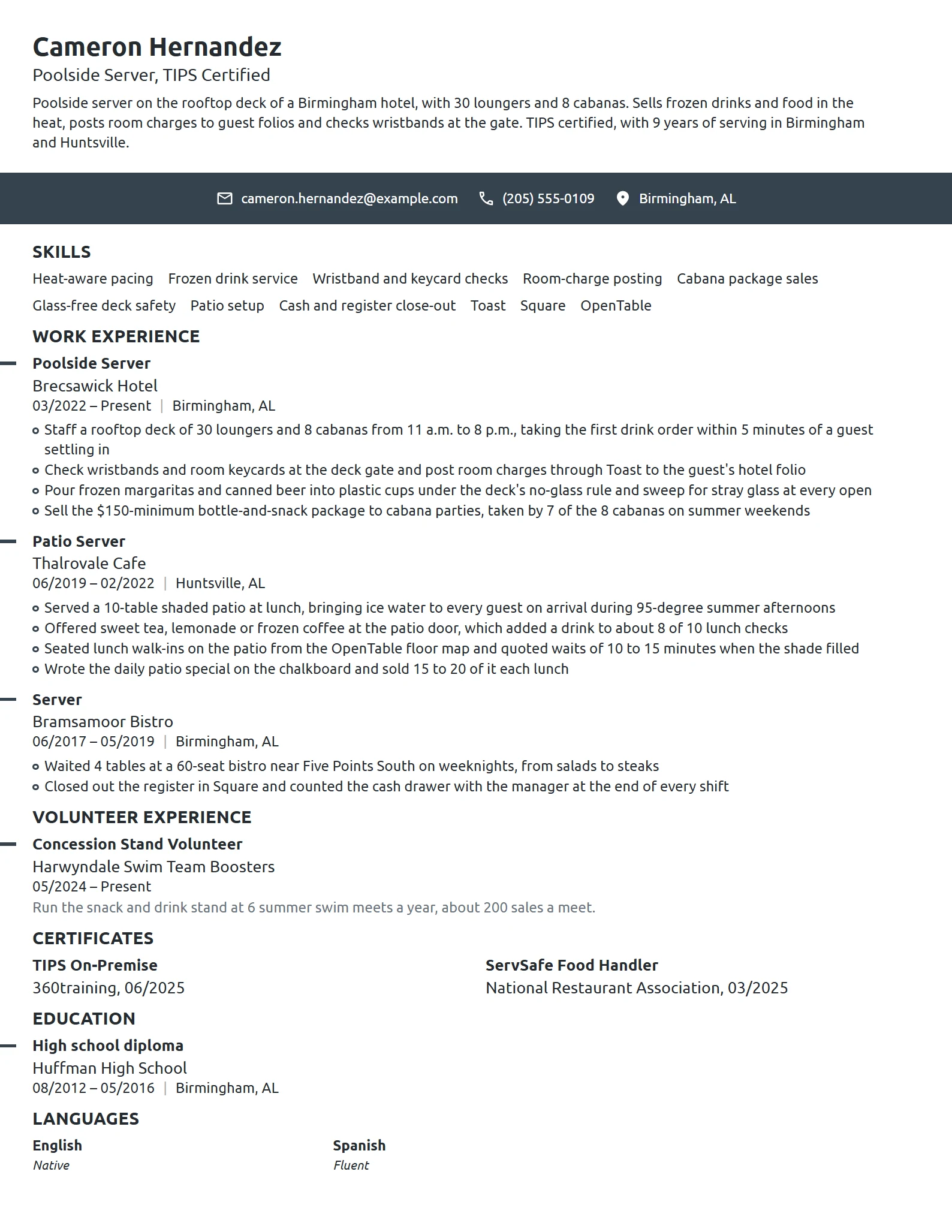 Poolside Server resume example