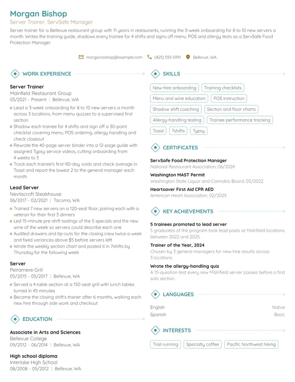 Server Trainer resume example