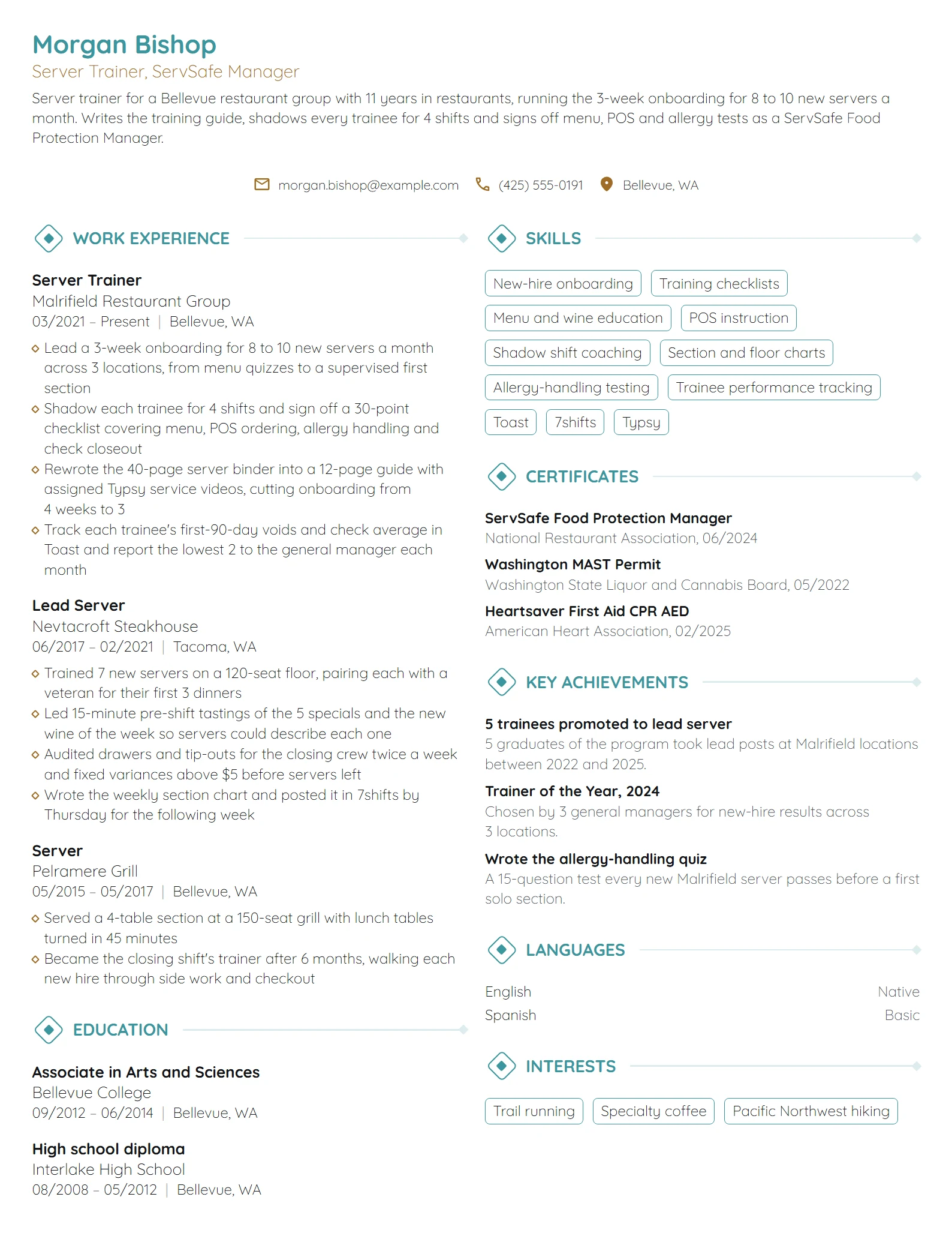 Server Trainer resume example
