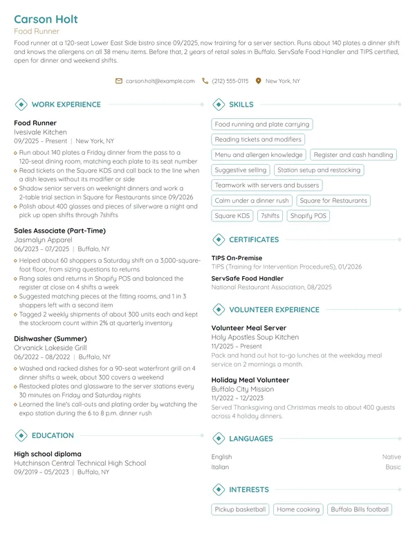 Server with No Experience resume example