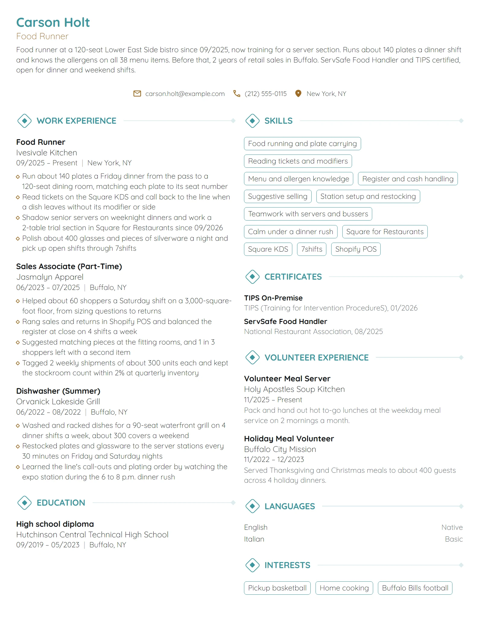 Server with No Experience resume example