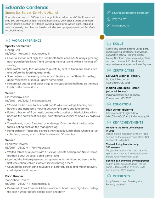 Sports Bar Server resume example