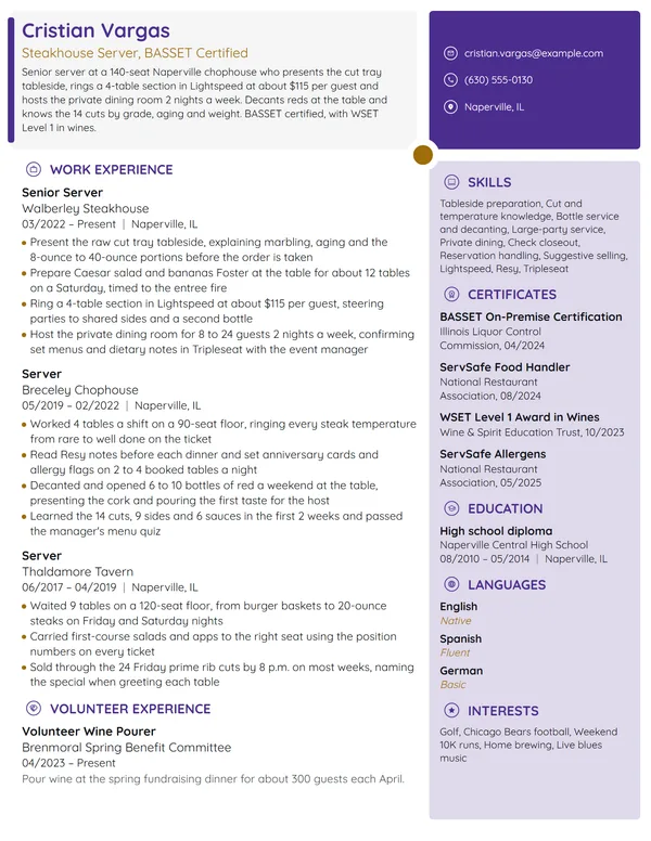 Steakhouse Server resume example