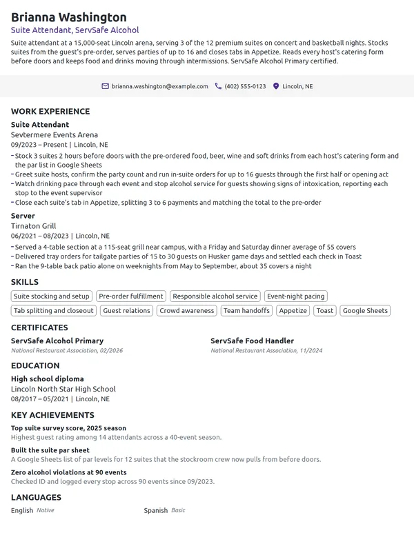 Suite Attendant resume example