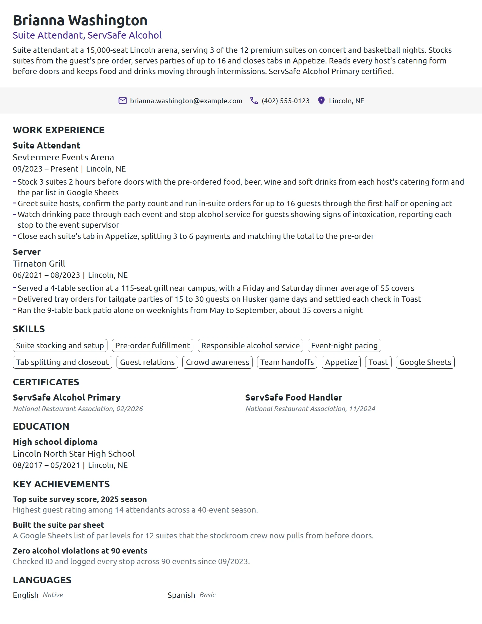 Suite Attendant resume example