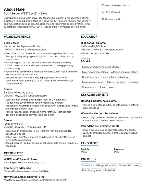 Sushi Server resume example