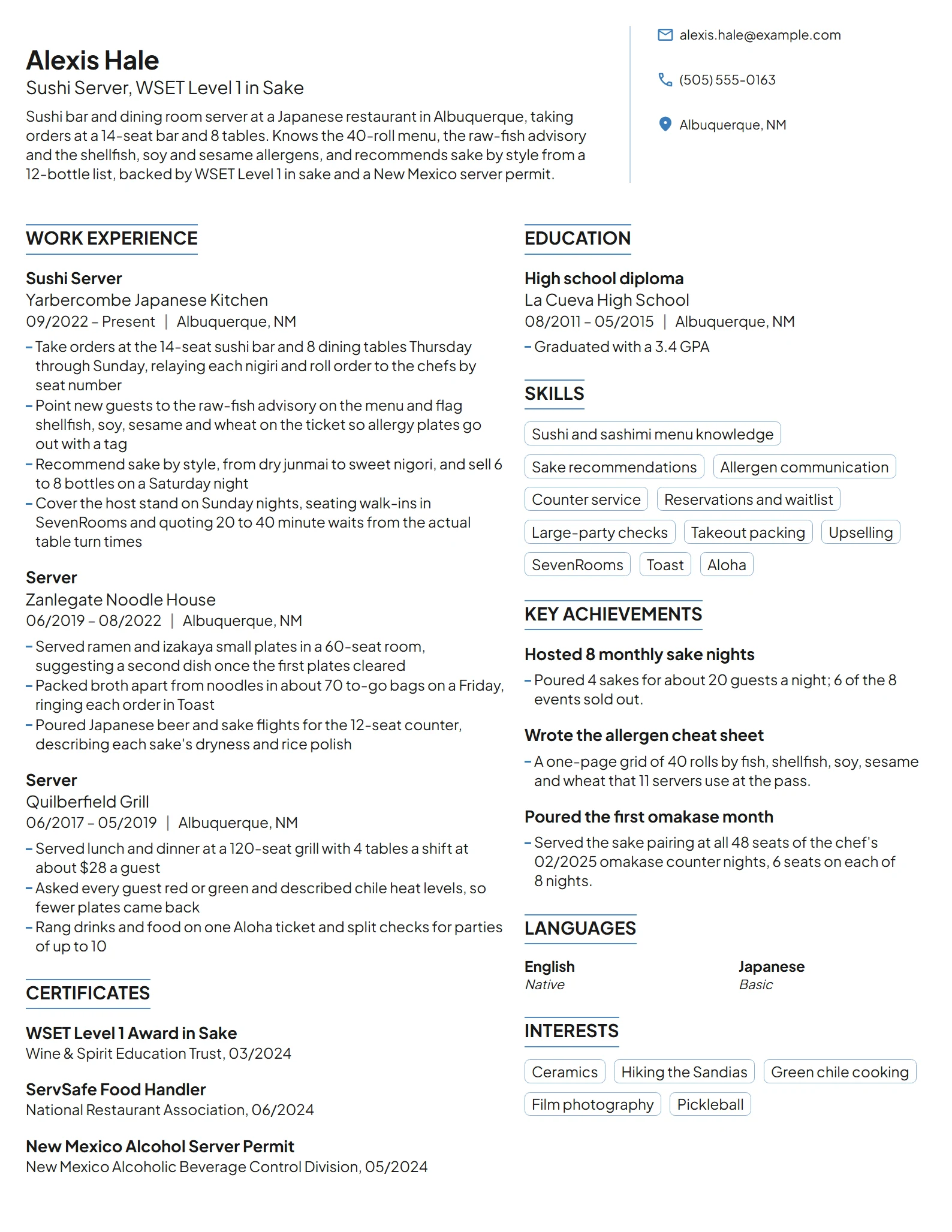 Sushi Server resume example