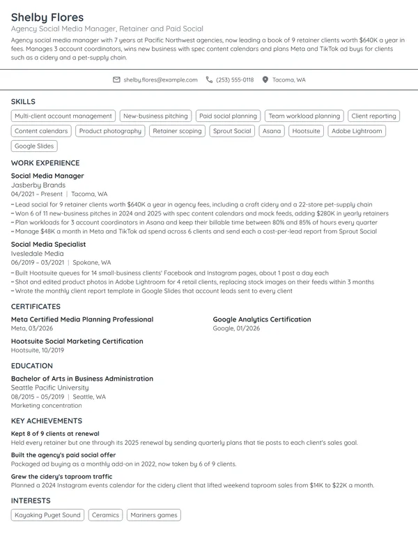 Agency Social Media Manager resume example