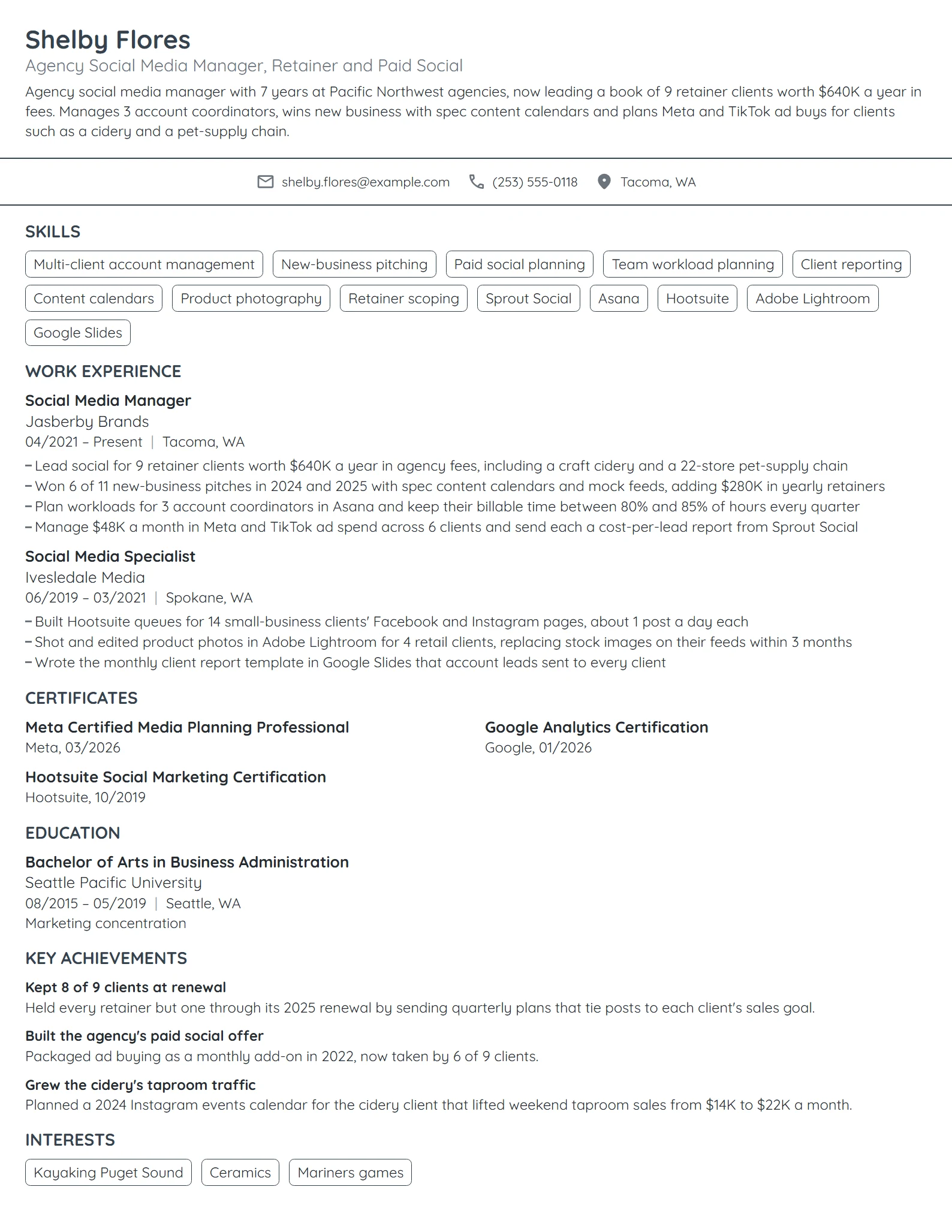 Agency Social Media Manager resume example