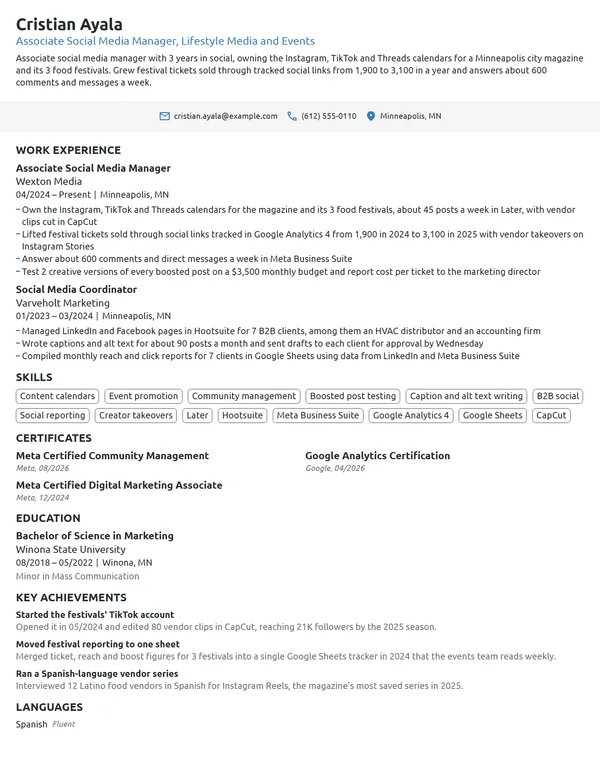 Associate Social Media Manager resume example