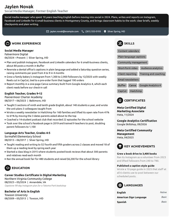 Career Change Social Media Manager resume example