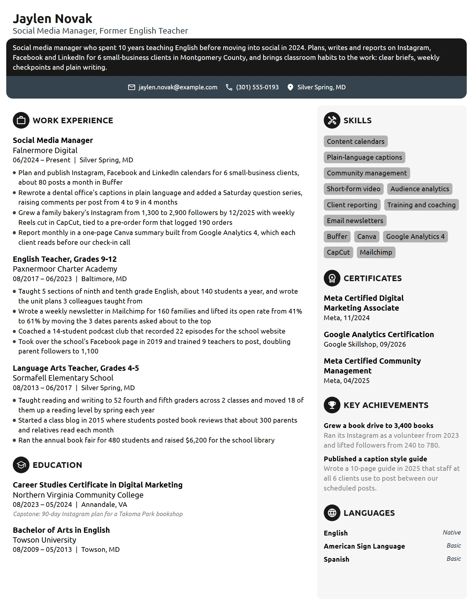 Career Change Social Media Manager resume example